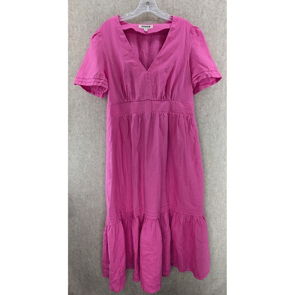 Boden Dresses & Skirts - Boden Pink Linen Midi Dress Short Sleeve V Neck Smocked Waist Tiered Hem US 12R